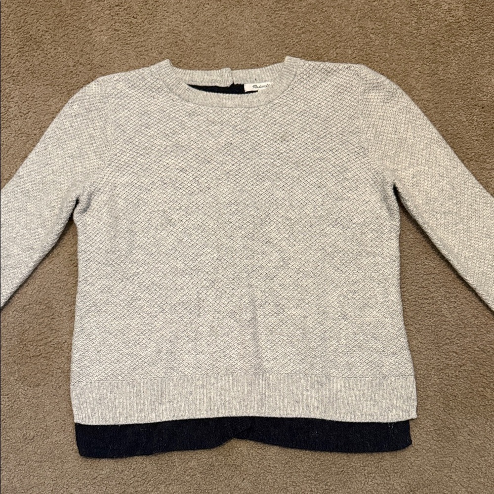 Madewell Light Gray and Navy Crew Neck Sweater